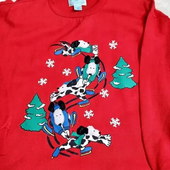VINTAGE 80's Comfort Exchange Christmas Cute Dogs Ski Red Nightgown Unisex M - Picture 4 of 9